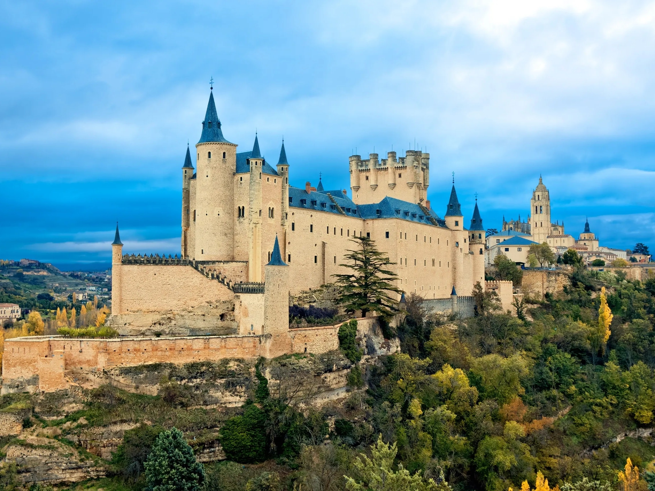 Alcazar of Segovia Spain medieval castle aerial view dramatic