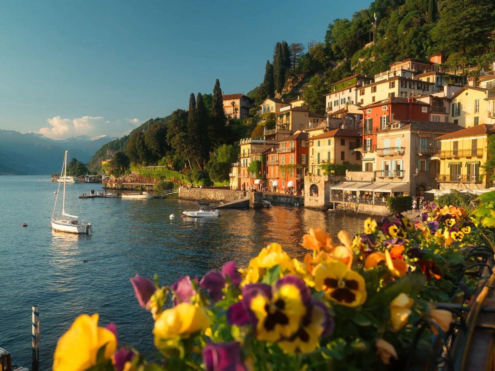 Italian Lakes Como village mountains water golden evening